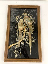 VTG Folk Art Tinsel Foil Reverse Artwork Framed 70s Birds Sitting in Tree 9&quot;x15&quot; - £20.85 GBP