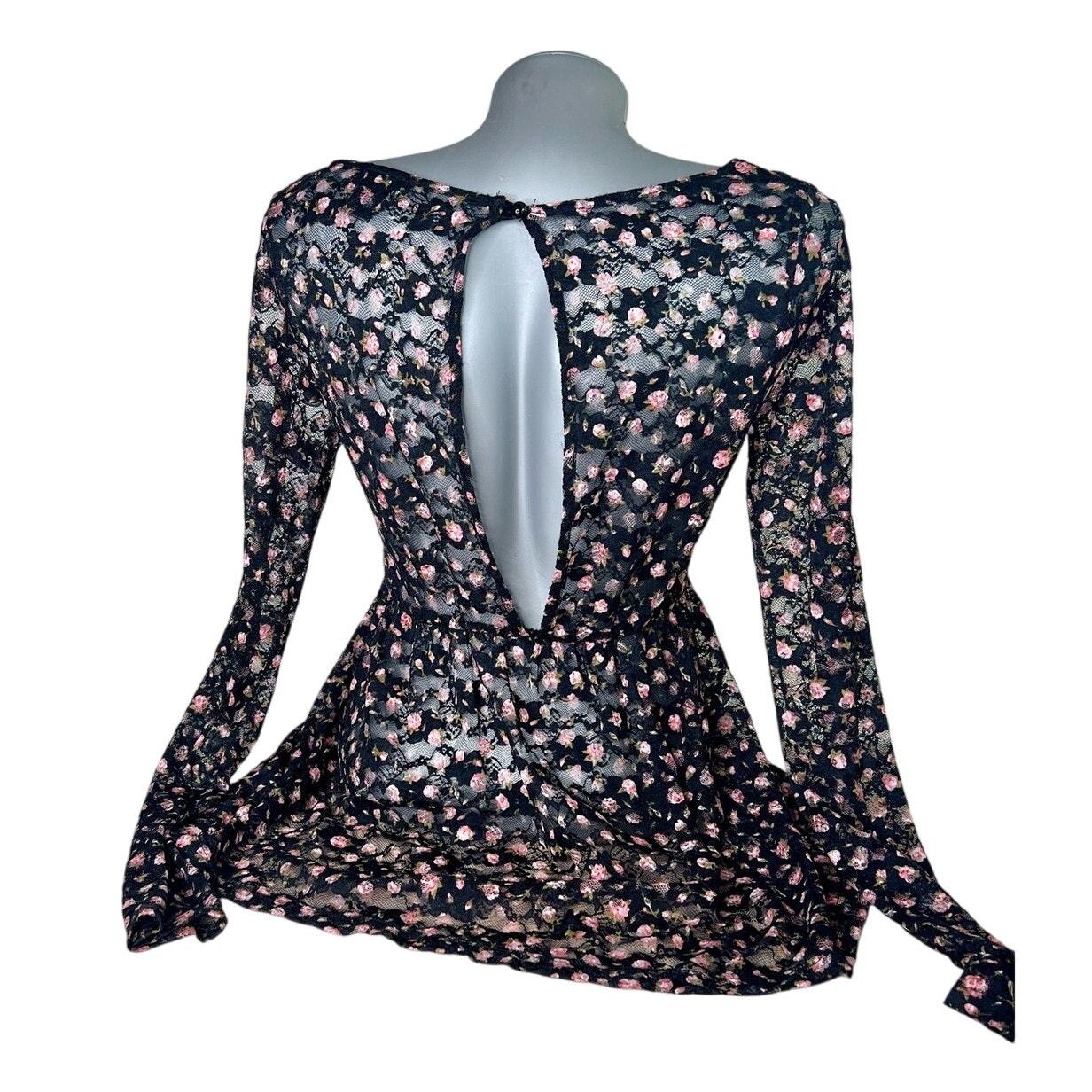 Wet Seal Y2K Black Floral Open Back Blouse See Through Top Whimsygoth La... - $14.85