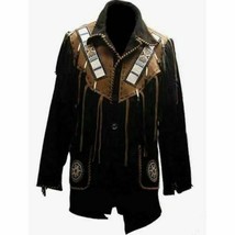 New Men&#39;s Handmade Black Suede Leather Coat The Fringes Cowboy and Rosar... - $140.99