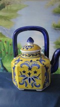 CHINESE YELOW BLUE TEAPOT CERAMIC HANDLE 1950s 9 X 7&quot; - £39.22 GBP