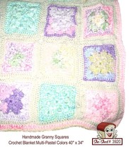 Handcrafted Granny Squares Crochet Blanket Multi-Pastel Colors 40&quot; x 34&quot; - £15.67 GBP