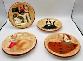 VTG SAKURA CHRISTMAS CAT SET OF 4 HAND PAINTED EARTHENWARE DESSERT PLATE... - $34.81