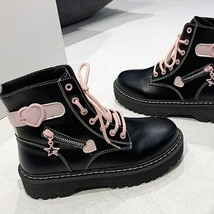 Black &amp; Pink Heart Lace Up Combat Boot | Women Lolita Ankle Leather Boots - £55.17 GBP