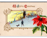 Joyful Christmas Hunter w Dog Winter Scene Poinsettia Embossed DB Postca... - $3.91