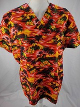 Local Design Womens Scrub Top Sz S Hawaiian Red Sunset Nurse&#39;s W/ Pockets Nwot - £10.38 GBP