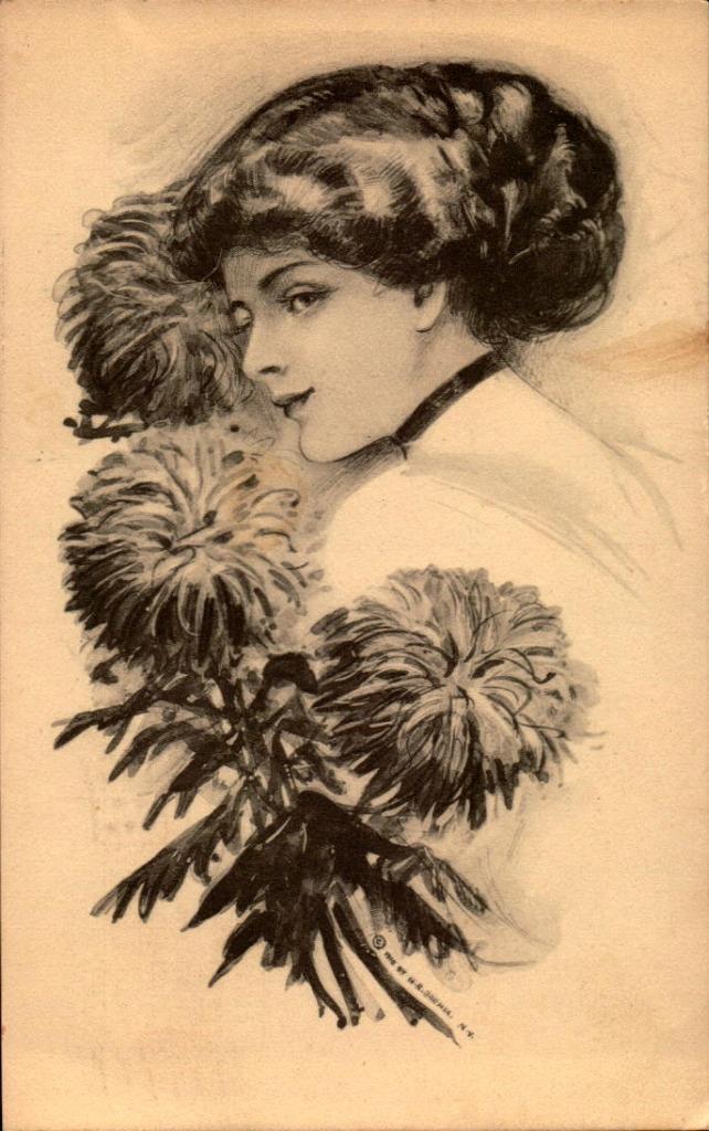 Primary image for RARE 1910 H.R. BOEHM SIGNED POSTCARD-PORTRAIT OF YOUNG WOMAN & SPIDER MUMS BK66