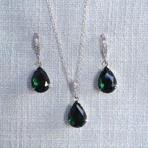 4Ct Pear Cut Lab-Created Green Emerald Necklace &amp; Earrings 14K White Gold Plated - £270.27 GBP