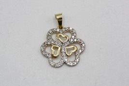 14K Yellow Gold Triple Heart Three Leaves Clover Pendant Charm W/ Clear Stones - £93.14 GBP