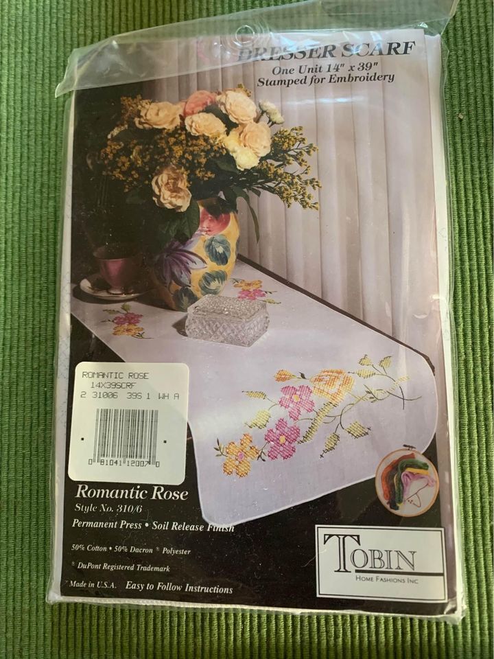 Tobin Romantic Rose Dresser Scarf Cross Stitch Kit - New - $12.67