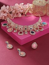 Multicolor Stones Kundan Choker Necklace Earring &amp; Ring Set Jewelry Women - £23.18 GBP