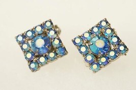 Vintage Costume Jewelry Iridized AB Rhinestone Blue &amp; Green Square Clip ... - $24.74