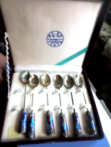 Vintage Banny set of 6 Silver Spoons with Enamel Mosaic Handles in case - £73.64 GBP