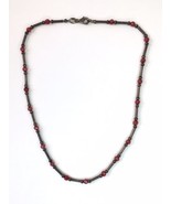 Vintage Sterling Silver Bead Necklace Red Beaded Accents 925 Italy 16&quot; - £31.69 GBP