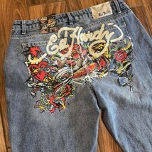 NWT ED HARDY Women&#39;s Size 32 Multi Tattoo Low Waist Baggy Jeans Painted Logo Koi - $125.95