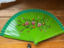 Vintage Green Painted w Pink Flowers Asian Wood Fan  - 9 inches long  x 15.5 inc - £8.88 GBP
