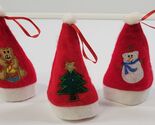 Q) Vintage Lot of 3 Mini Embroidered Christmas Felt Santa Hat Ornaments - $9.89