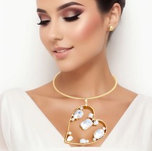 Heart Shaped Cut Out Clear Crystal Gold Plated Rigid Collar Necklace Set 18&quot; - £43.36 GBP