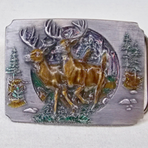 Bucks Deer Running Belt Buckle Bergamot Brassworks Silvertone Enamel 1990 Vtg - £10.85 GBP