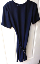 Vintage Leslie Fay Dresses Petite 8P Solid Navy Blue Belted 1980s Shoulder Pads - $23.60