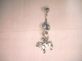 Mythical Flying Pegasus Horse Silver Alloy Charm 14g Blue Cz Navel Belly Ring - £4.78 GBP