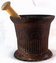 ANTIQUE Cast Iron MORTAR &amp; Wooden PESTLE Apothecary item Over 8 Pounds - $69.00