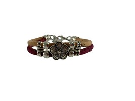 Earthly Creations Bracelet Handmade Cork Beaded Flower Red Tan Silver Tone 8.5&quot; - £11.11 GBP