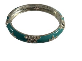 Blue Enamel Hinged Bangle Bracelet Rhinestones Flowers Silver Tone 2.5&quot; Across - £11.87 GBP
