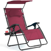 Folding Recliner Zero Gravity Lounge Chair W/ Shade Canopy Cup Holder Wine - £92.29 GBP