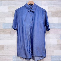 Saks Fifth Avenue Chambray Short Sleeve Shirt Navy Blue Lyocell Mens Large - £22.87 GBP