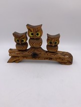 Vintage Rustic Folk Art Hand Crafter 3 Wooden Owl In Log Big Eyes  - £22.83 GBP