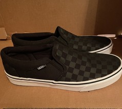Vans Checker Asher Black/Black Canvas Slip On Skate Shoes Mens Size 8.5 - $54.99