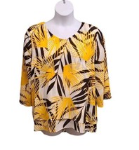 Chicos Blouse Womens 2 Yellow Palm Tropical Print Pullover Dual Hem Top  - $16.34