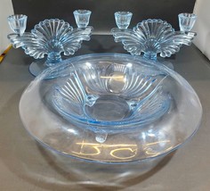 Paden City Maya Copen Blue Glassware Oval Bowl and Candlestick Console Set - $128.69