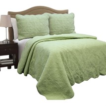 Full Queen Green Cotton Quilt Bedspread with Scalloped Borders - £195.59 GBP