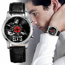 Elvis Presley Wrist Leather Black Watch Circle Analog Stainless 316L Men... - $27.99