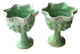 Pair Vintage Usa Green Pedestal Planters Hobnail Ruffle Top 7” Tall X 6&quot; Wide - £15.73 GBP