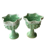PAIR VINTAGE USA GREEN PEDESTAL PLANTERS HOBNAIL RUFFLE TOP 7” TALL x 6&quot;... - £15.80 GBP