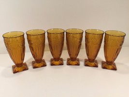 Vintage Amber Heavy Glass Drinking Glasses With Square Bases - Set of 6 - £23.58 GBP