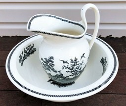 RARE Wedgwood Liverpool Bird Black Transferware Large Jug Basin Bowl Set - £296.08 GBP