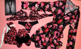 Victoria&#39;s Secret 32DDD Bra Set+Thong+Robe+Slippers Black Red Pink Roses Modal - £157.69 GBP