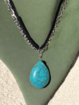 Teardrop Turquoise Pendant Silver Alloy Double Strand Fashion Necklace 18" - $12.19