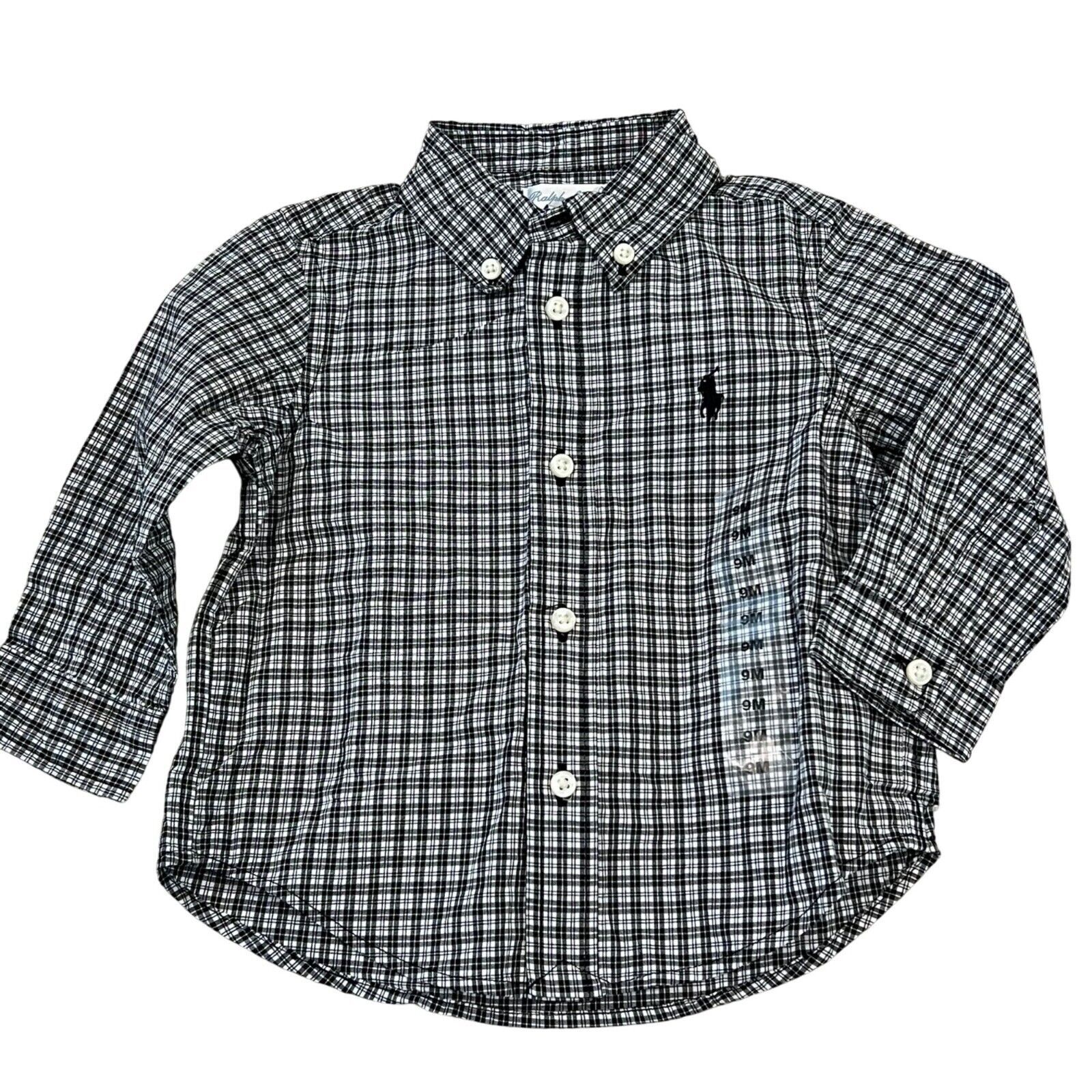 Ralph Lauren Infant Boys Plaid Button-Down Shirt Size 9M Black White Cot... - $17.28