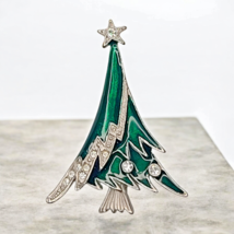 Vintage Green Shimmer Enamel Crystal Silver Tone Christmas Holiday Tree ... - £10.53 GBP