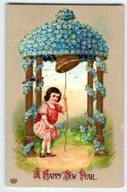 New Years Postcard Girl Ring Bell Gazebo Forget Me Not Flowers Gel EAS Germany - £12.53 GBP