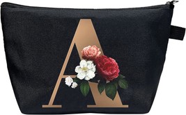 A Initial Makeup Bag Small Comestic Bag Gold Alphabet with Flower Letter Makeup  - £15.63 GBP