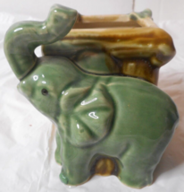 Green Ceramic Square Pottery Planter Trunk Up Elephant Figure Ribbed Box Leaves - £15.81 GBP