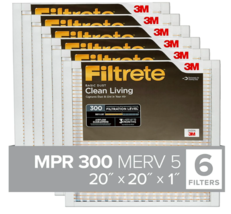 6 - Filtrete 20x20x1 Air Filters MPR 300 MERV 5 Clean Living Basic Dust 3-Month - £15.75 GBP