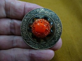 (Z18-15) red gold brown textured flower Czech glass button circle pin brooch - £15.64 GBP