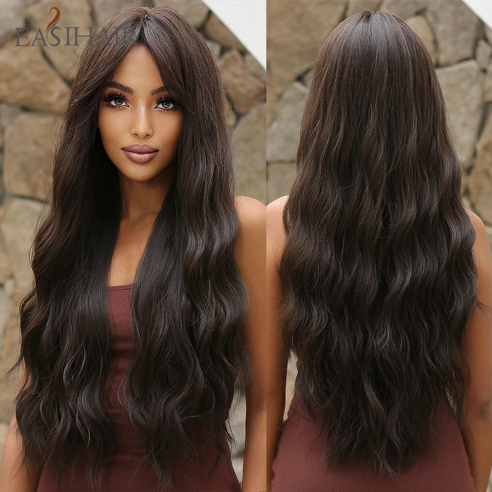 EASIHAIR Long Brown Black Wavy Synthetic Wigs with Bang Natural Wave Hair W - £13.44 GBP+