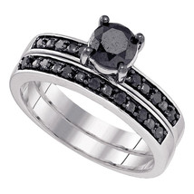 10k White Gold Round Black Diamond Bridal Wedding Engagement Ring Set 1.00 Ctw - £366.83 GBP